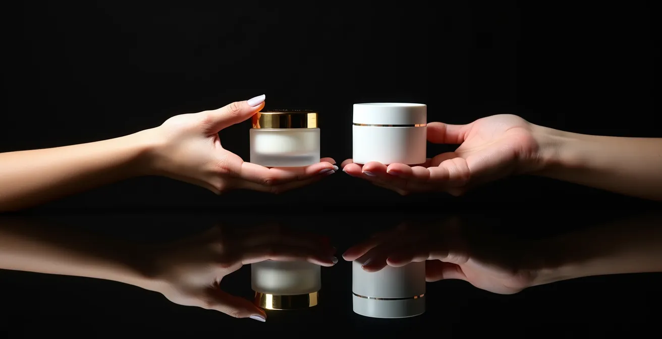 Elegante Gegenüberstellung von Premium- und Drogeriekosmetik