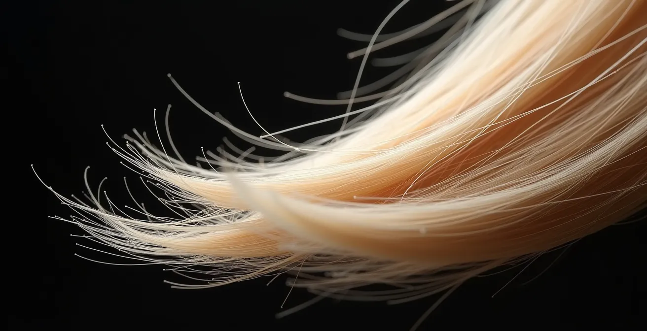 Makroaufnahme von Haarspitzen zeigt Lichtbrechung bei stumpfem Schnitt versus fransigen Spitzen