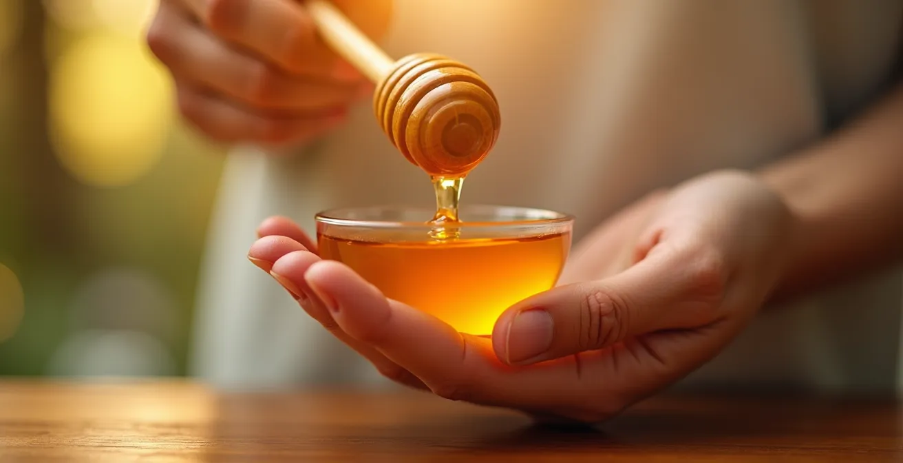 Goldener medizinischer Honig tropft von Holzlöffel