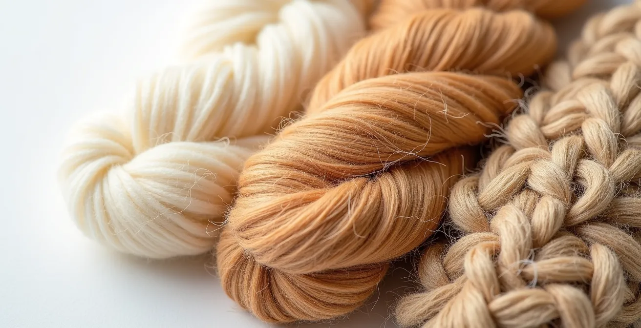 Nahaufnahme verschiedener natürlicher Fasern wie Merinowolle, Alpaka und Hanf zur Veranschaulichung der Textur