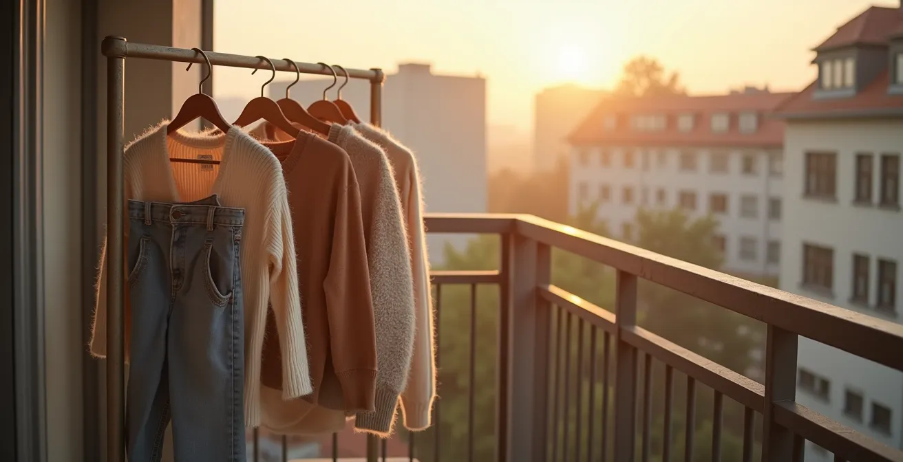 Merinowolle-Pullover und Jeans hängen auf einem Balkon in Deutschland zum Lüften