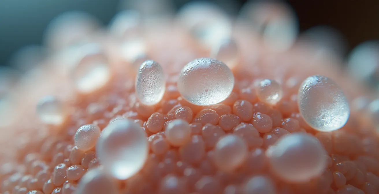 Makroaufnahme von durchsichtigen Polymerpartikeln auf Hautoberfläche