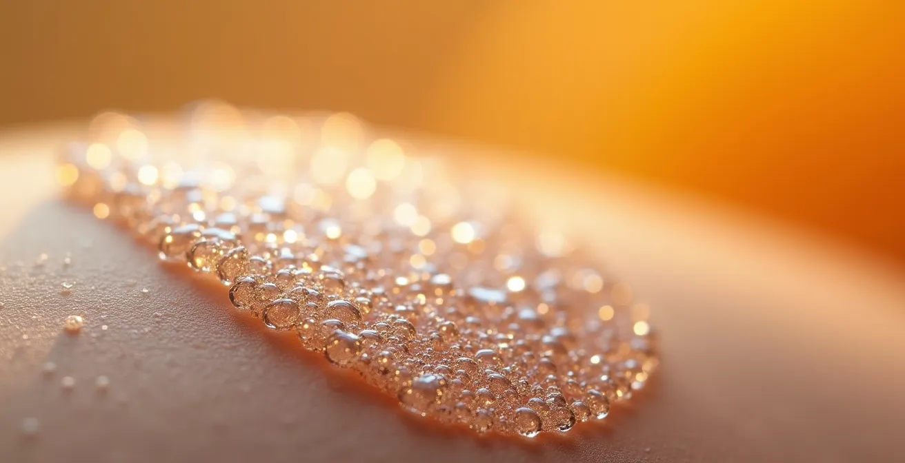 Nahaufnahme der Textur von mineralischem Sonnenschutz auf der Haut, der als Barriere gegen blaues Licht wirkt.