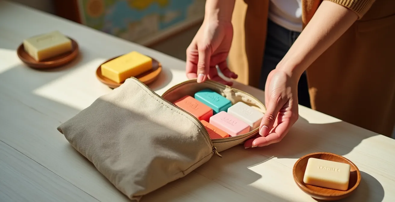 Kompakter Reise-Kulturbeutel mit festen Pflegeprodukten für nachhaltiges Reisen