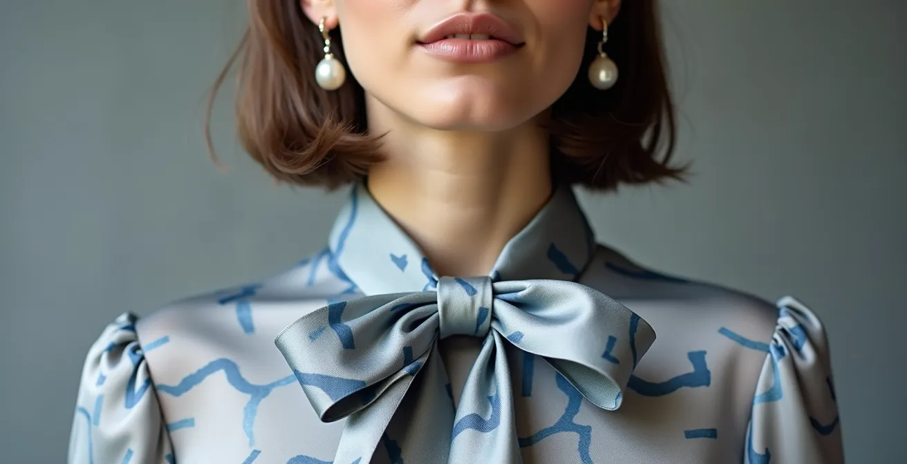 Nahaufnahme eines gemusterten Kragens mit dezenten Perlenohrringen als einzigem Schmuck