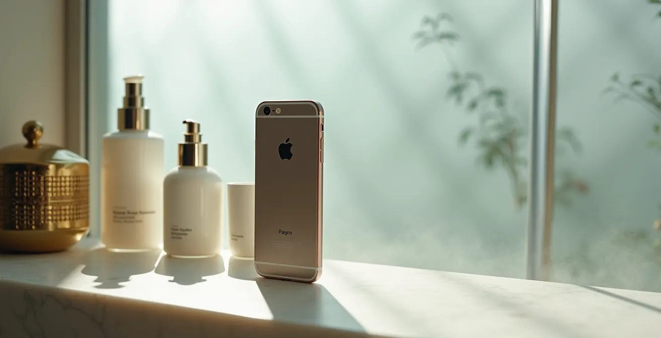 Badezimmer-Szene mit Smartphone auf Ablage zeigt verschwommene Playlist-Formen, während Pflegeprodukte im Vordergrund stehen