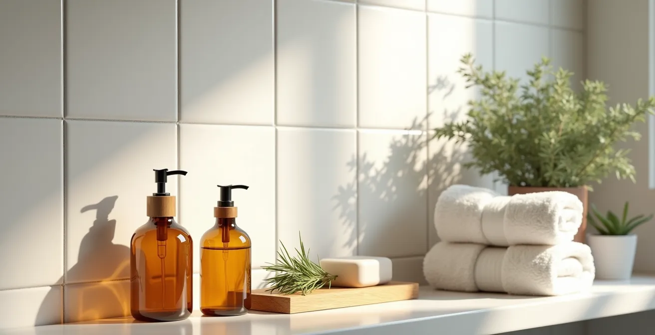 Stillleben mit deutschen Naturkosmetikprodukten auf Holzregal im Badezimmer