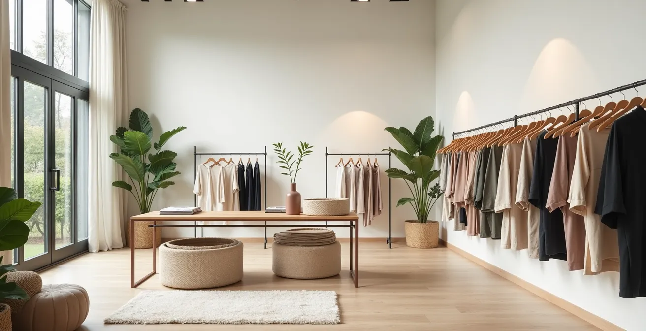 Nachhaltige Sportmode in einem minimalistischen Laden, der einen Kreislaufgedanken suggeriert.