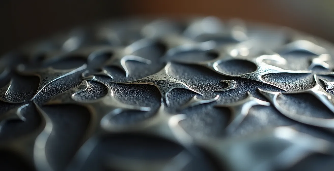 Makroaufnahme von oxidiertem Silberschmuck mit sichtbarer Patina