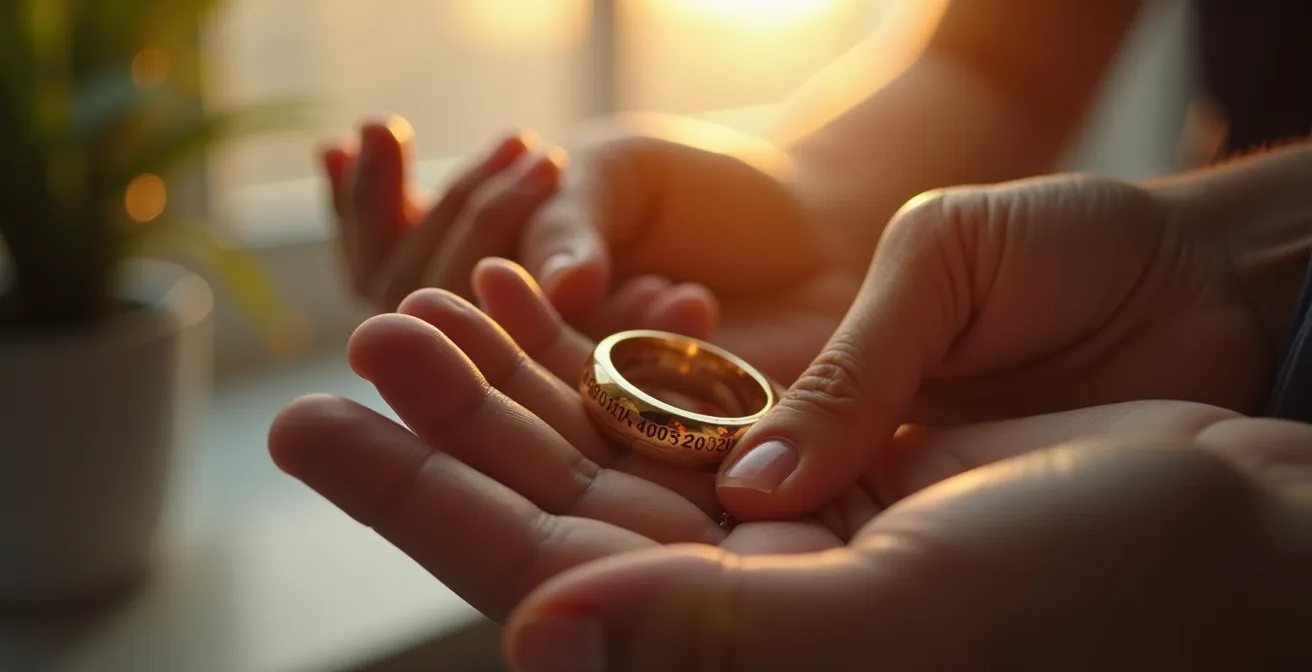 Nahaufnahme einer personalisierten Koordinaten-Gravur auf Goldring