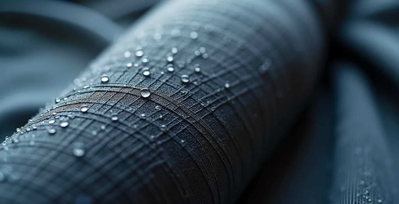 Makroaufnahme der Textur einer hochwertigen Leggings, die die dichte Webart und Qualität des Materials zeigt.