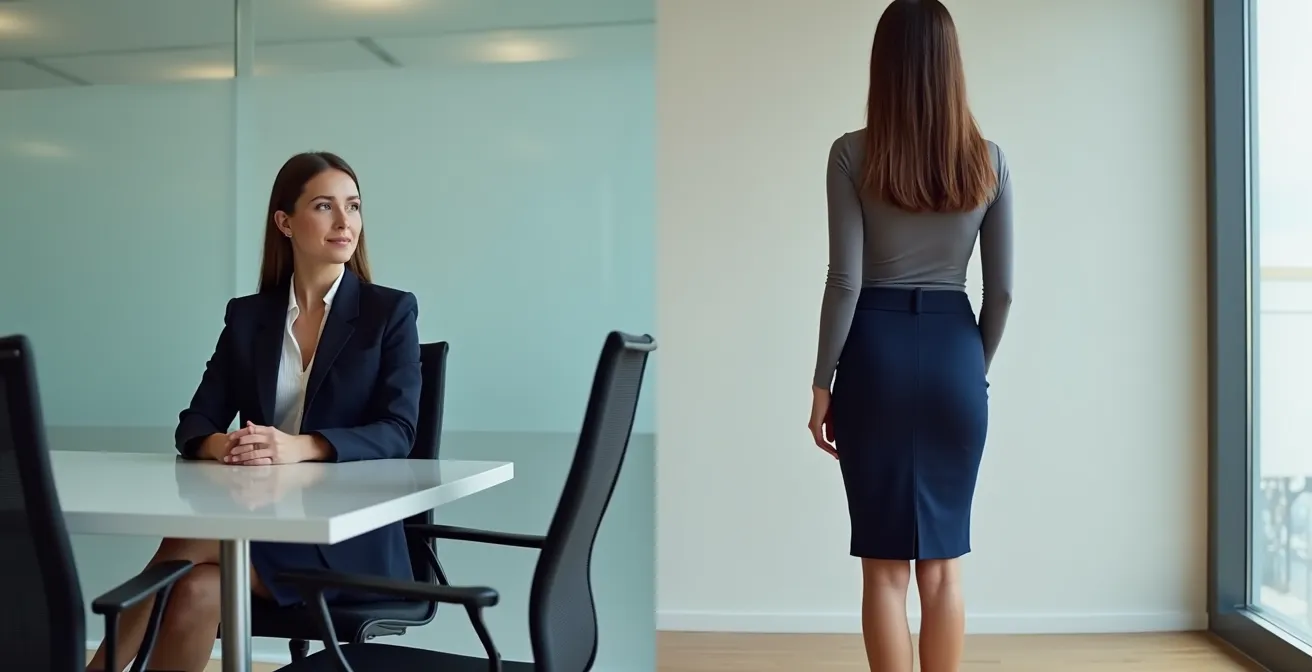 Businessfrau demonstriert optimale Rocklänge im Sitzen und Stehen