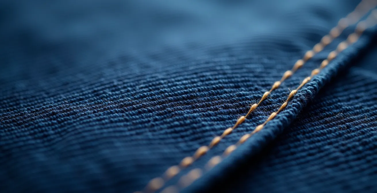 Makroaufnahme der dichten, diagonalen Webstruktur von Raw-Denim-Stoff in tiefem Indigoblau.