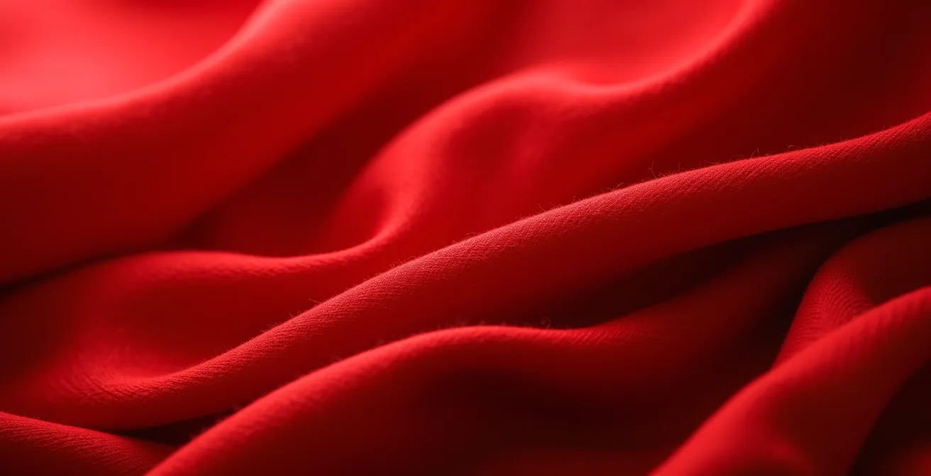 Nahaufnahme verschiedener roter Stoffe, die die psychologische Kraft der Farbe symbolisieren, von Bordeaux bis Koralle.