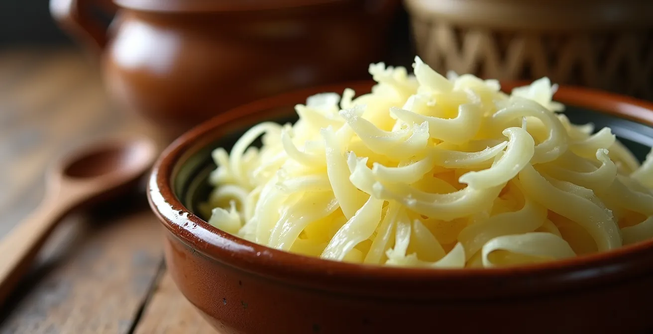 Frisches Sauerkraut in traditionellem deutschen Steinguttopf