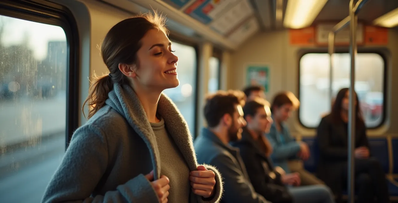 Darstellung eines Schichtensystems für Pendler beim Temperaturwechsel zwischen draußen und U-Bahn