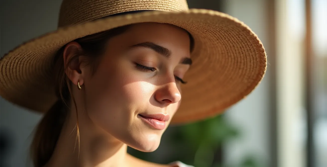 Eine Person trägt einen Schlapphut mit breiter Krempe, der einen schützenden Schatten über Gesicht und Hals wirft.