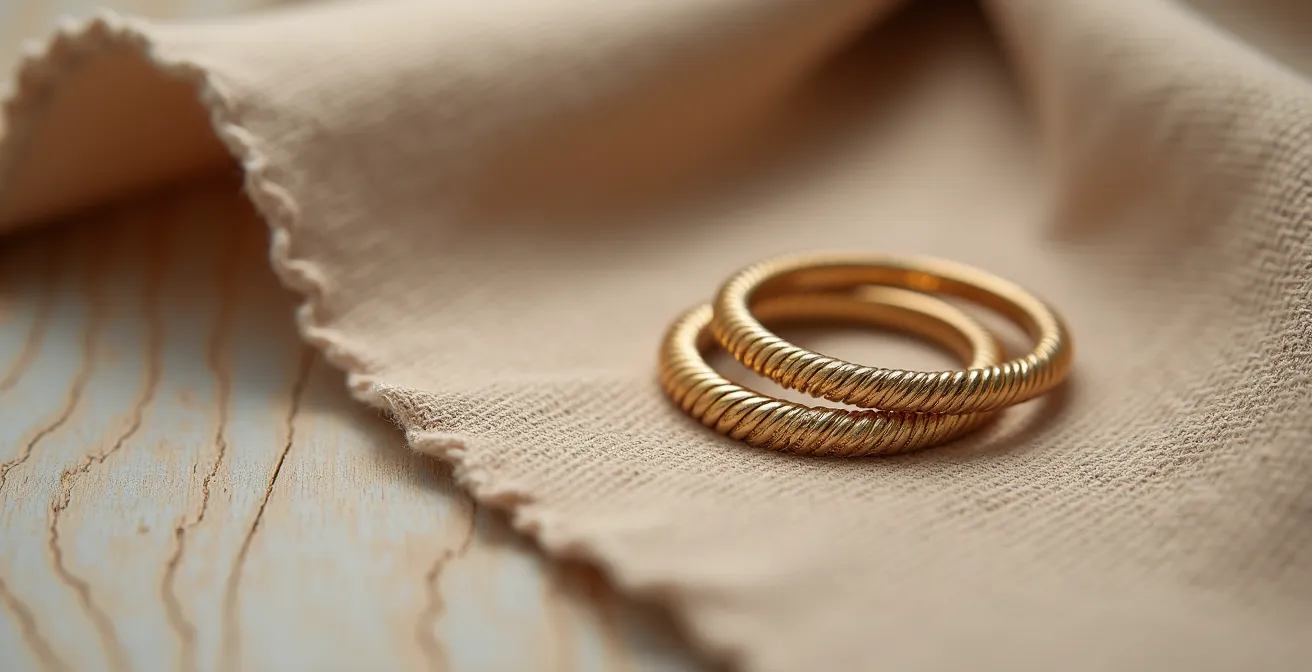 Detailaufnahme von feinem Goldschmuck und Seidenschal auf natürlicher Oberfläche, symbolisierend subtile Eleganz.