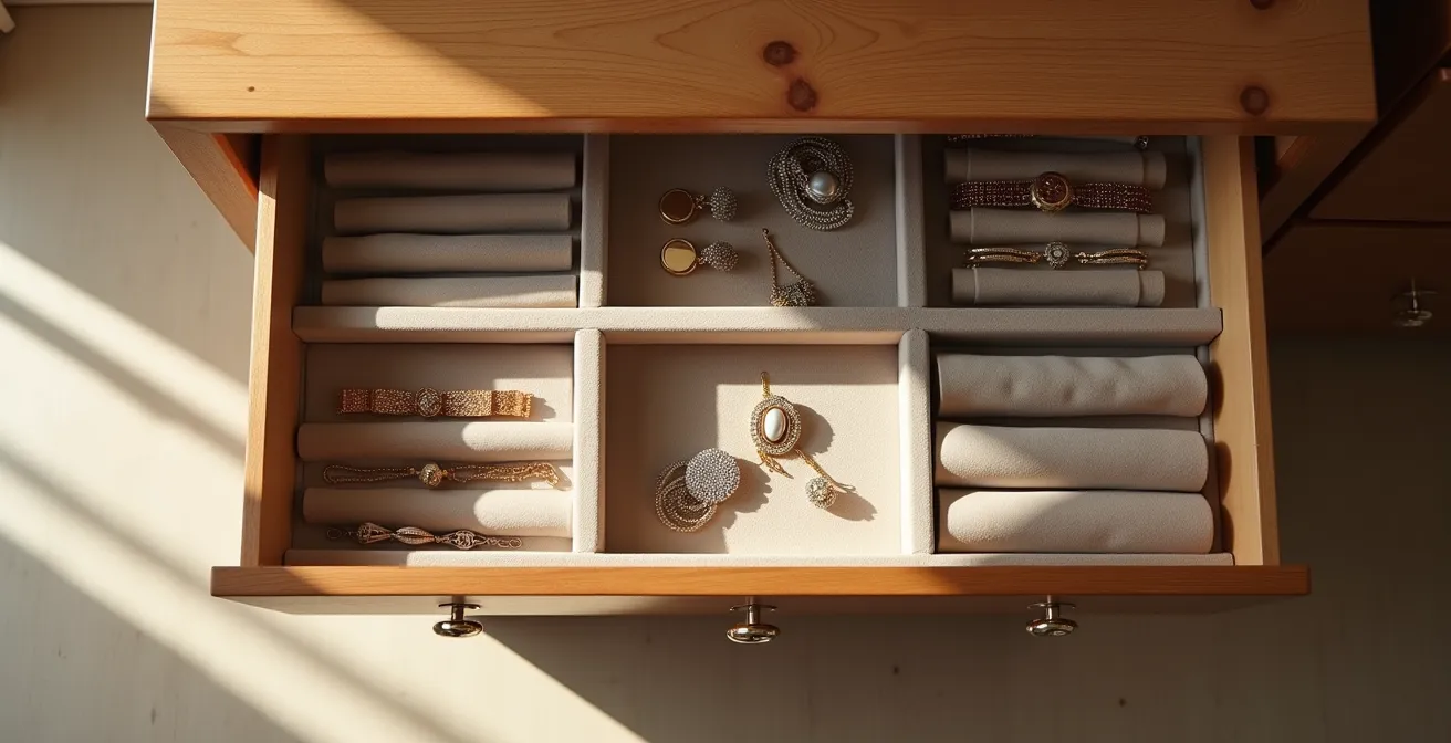 Organisierte Schmuckaufbewahrung mit verschiedenen Methoden gegen Verknoten