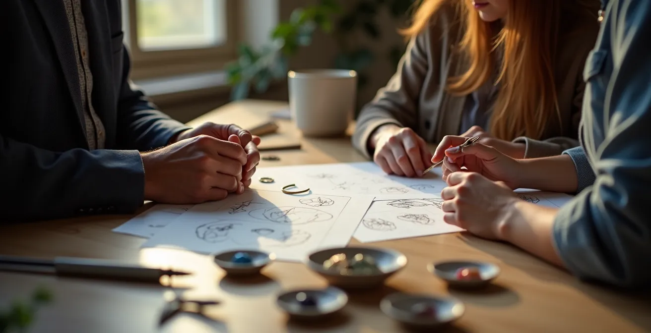 Beratungsgespräch zwischen Goldschmied und Kunde mit Designskizzen