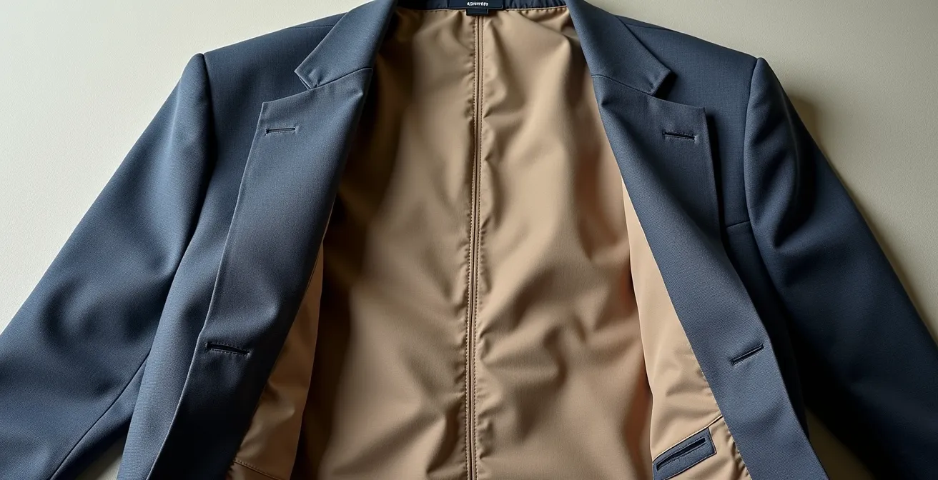 Detailfoto der inneren Nähte und Verarbeitung eines hochwertigen Blazers, zeigend: Futterqualität, Nahtzugaben, Fadenverlauf, handwerkliche Präzision