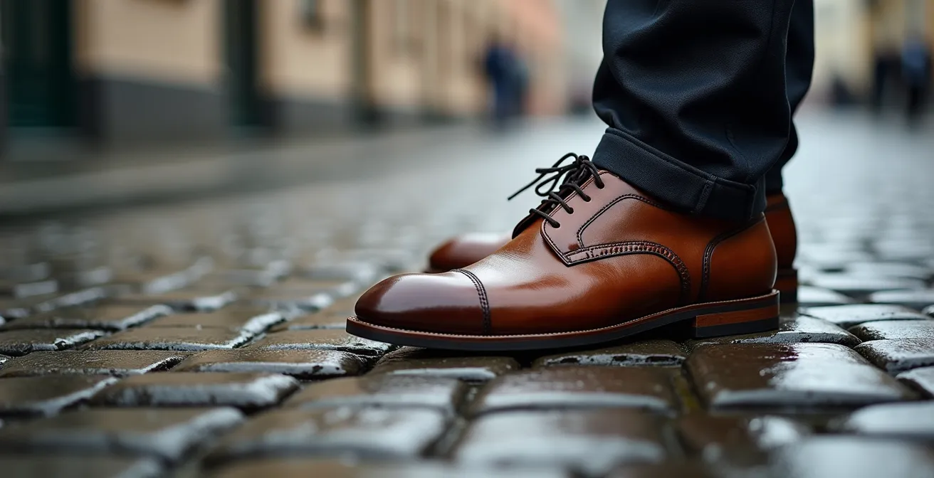 Lederschuh mit Gummisohle auf nassem Kopfsteinpflaster in deutscher Altstadt