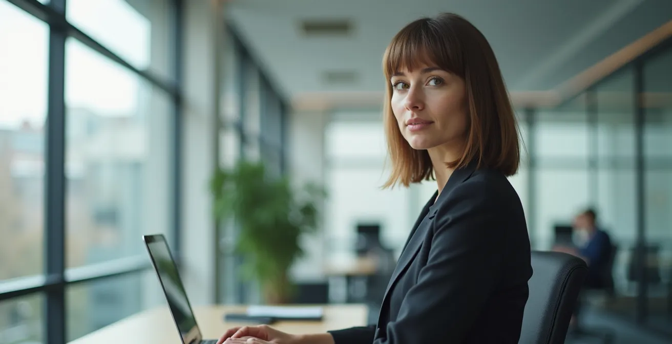 Schulterlanger Blunt Cut bei deutscher Geschäftsfrau im modernen Büro, der Professionalität und Stil ausstrahlt