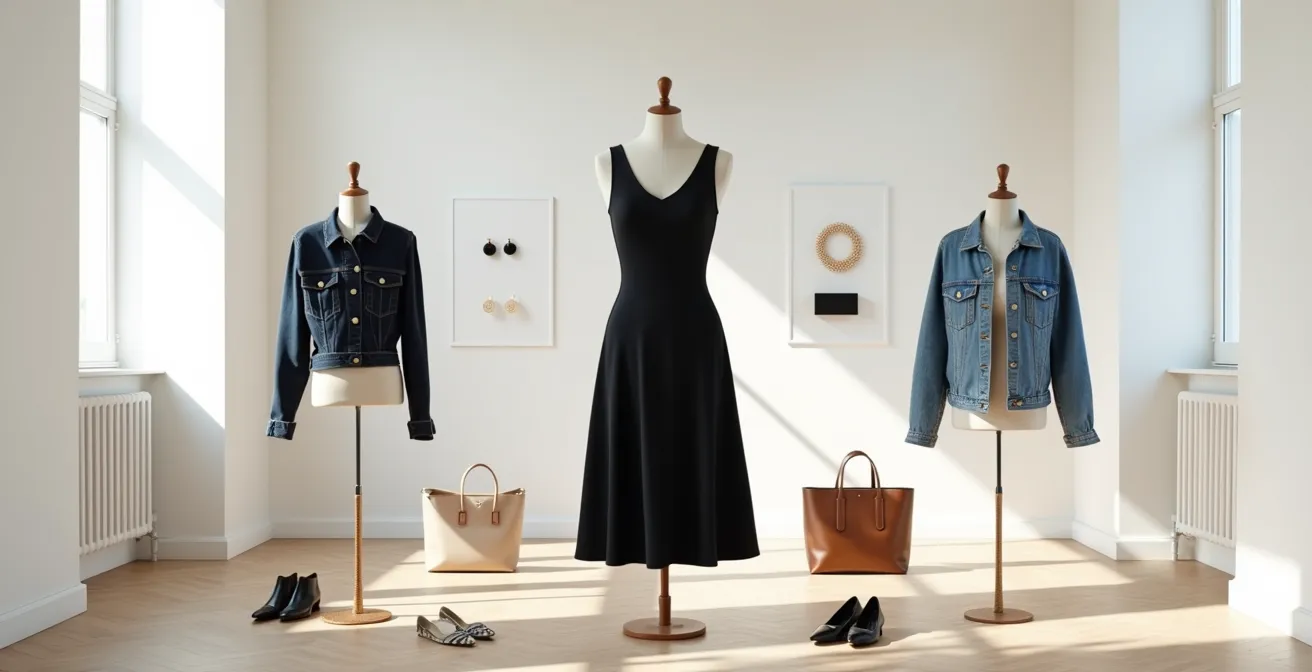 Ein schwarzes Fair Fashion Kleid mit verschiedenen Accessoires für unterschiedliche Anlässe arrangiert