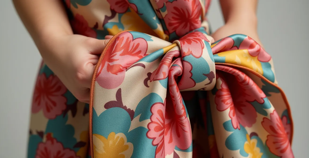 Verschiedene kreative Arten ein gemustertes Tuch zu tragen: als Armband, Gürtel, an der Tasche und als Kopfband.