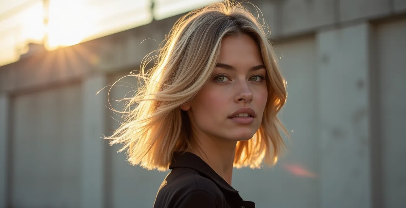 Seitliche Ansicht eines modernen Shag-Haarschnitts mit ausgedünnten Spitzen und sichtbarer Stufung