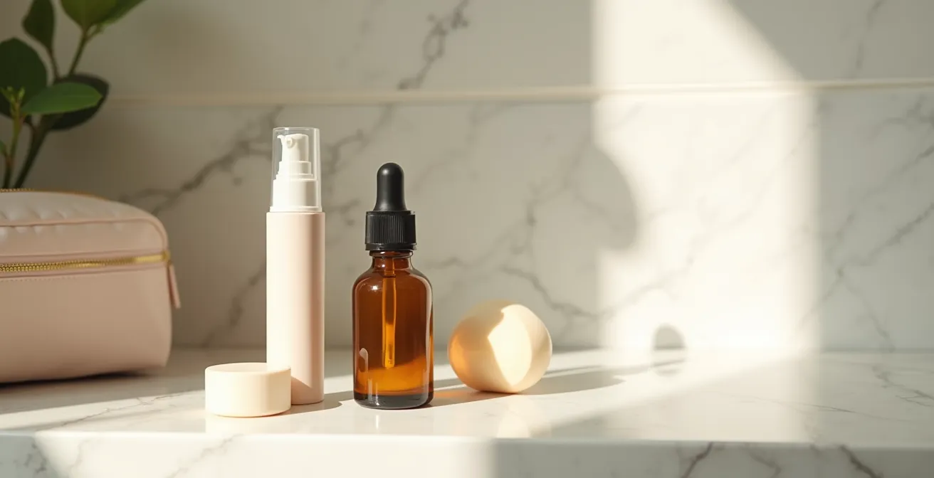 Kompakte Reisegrößen von Hautpflegeprodukten elegant arrangiert neben einer Reisetasche