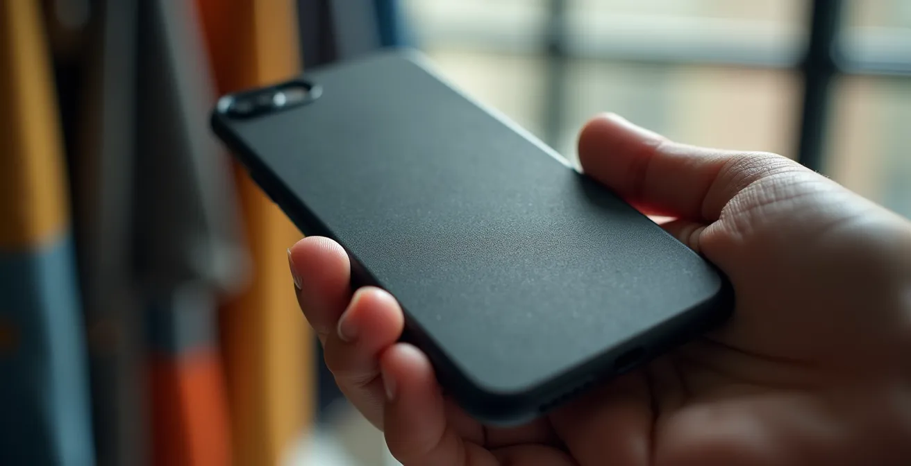 Hand mit Smartphone-Rückseite beim Mode-Check