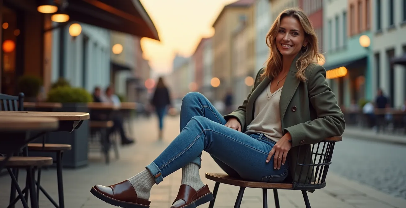 Eine stilbewusste Person trägt modische Socken in Designer-Sandalen als Teil eines durchdachten Streetstyle-Looks.