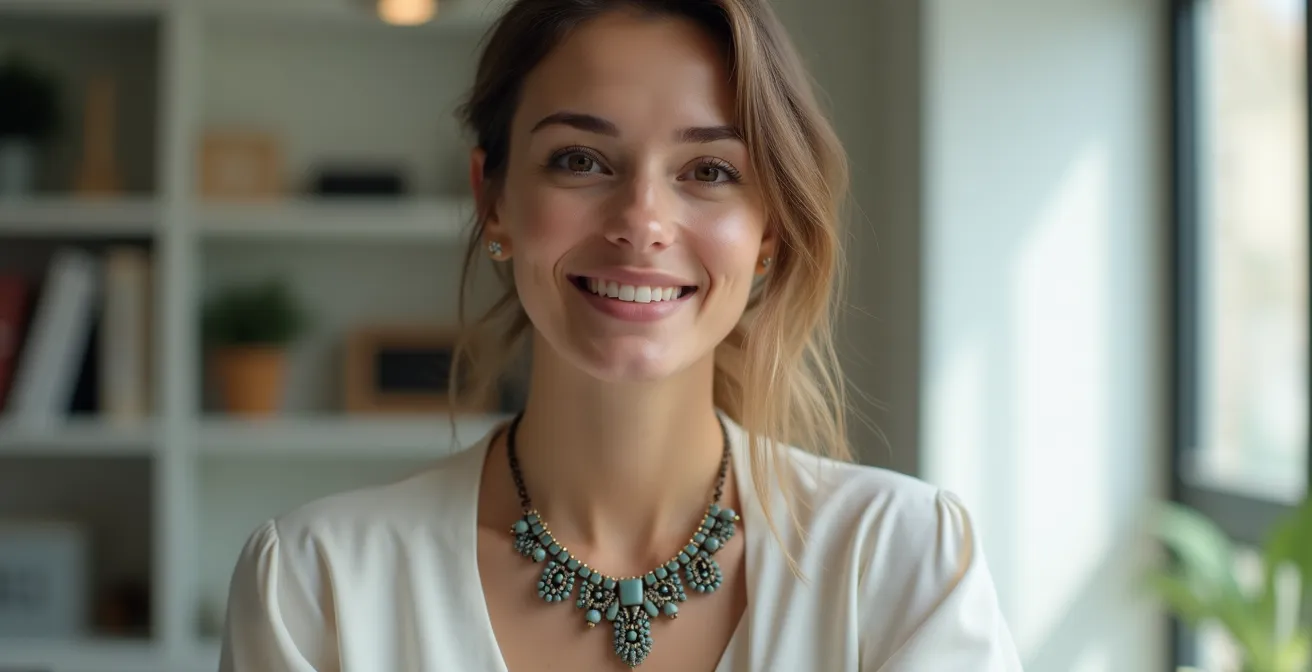 Professionelle Frau mit Statement-Kette in Videokonferenz-Setting