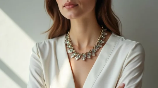 Eine elegant gekleidete Frau trägt eine Statement-Kette über einem minimalistischen weißen Hemd, die Kette betont ihre Schulter- und Dekolletépartie mit geometrischen Metallgliedern in Silber, natürliche Beleuchtung unterstreicht den minimalistischen deutschen Stil