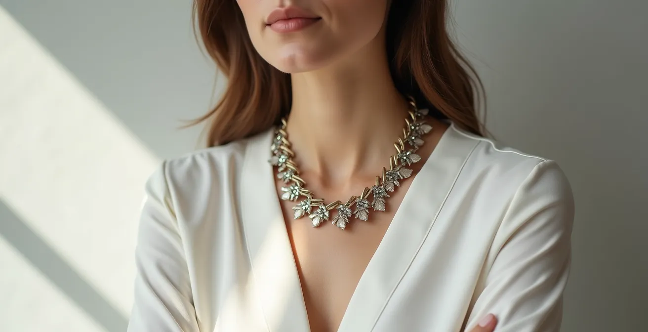 Eine elegant gekleidete Frau trägt eine Statement-Kette über einem minimalistischen weißen Hemd, die Kette betont ihre Schulter- und Dekolletépartie mit geometrischen Metallgliedern in Silber, natürliche Beleuchtung unterstreicht den minimalistischen deutschen Stil