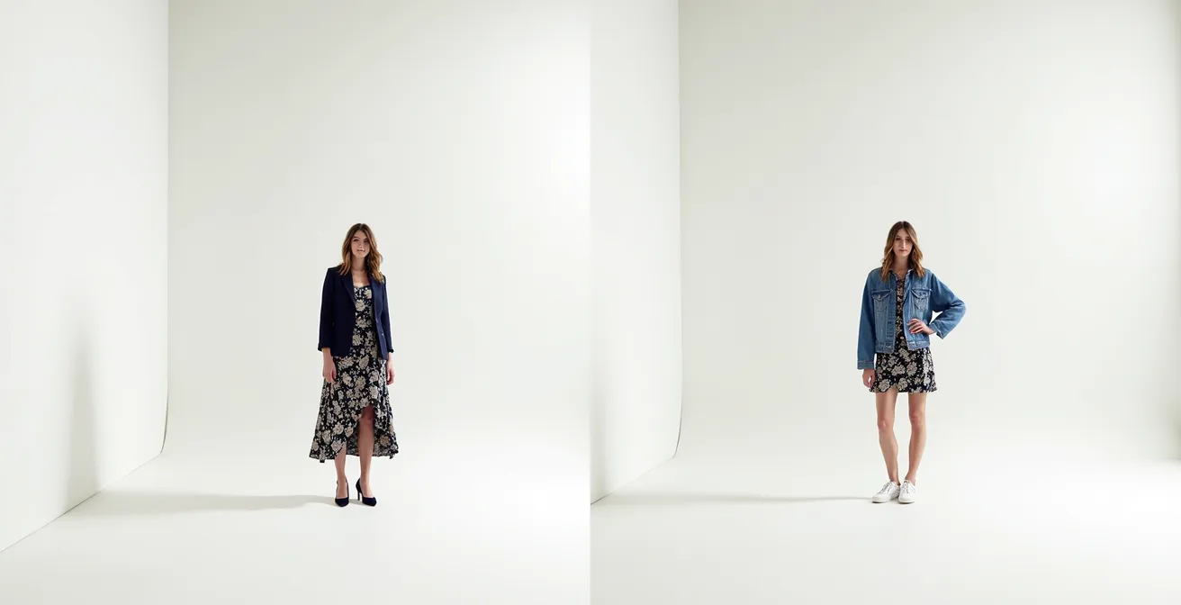 Ein gemustertes Kleidungsstück in zwei verschiedenen Styling-Varianten, einmal fürs Büro mit Blazer und einmal für die Freizeit mit Jeansjacke.