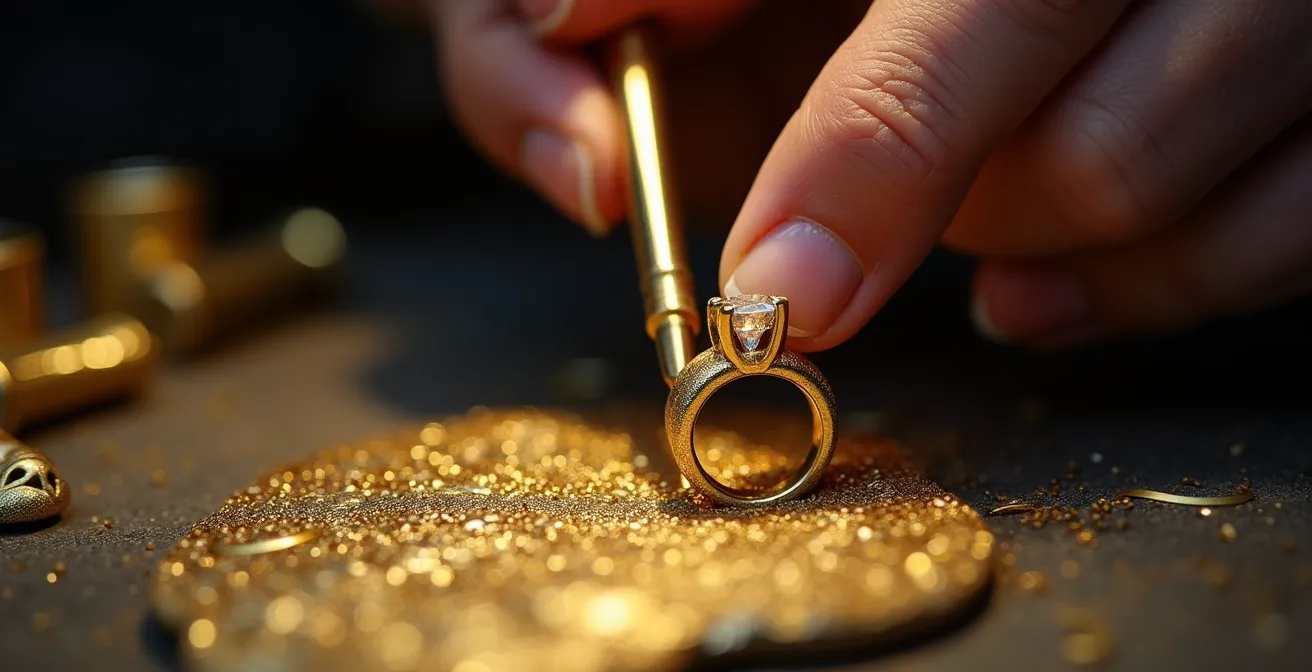 Makroaufnahme von Goldschmiedewerkzeugen und Edelsteinfassung