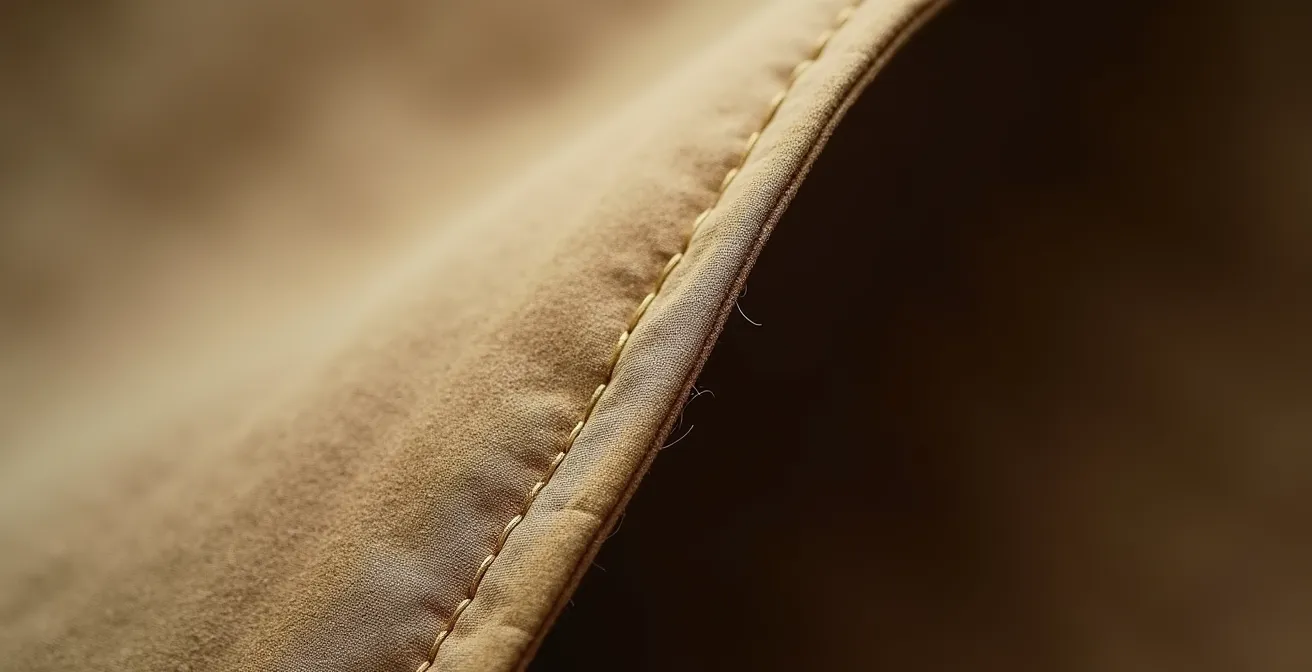 Makrofoto eines hochwertigen Trenchcoats: Nahaufnahme von Naht-Details, Gabardine-Stoff-Textur und verarbeiteten Kanten in natürlichem Licht
