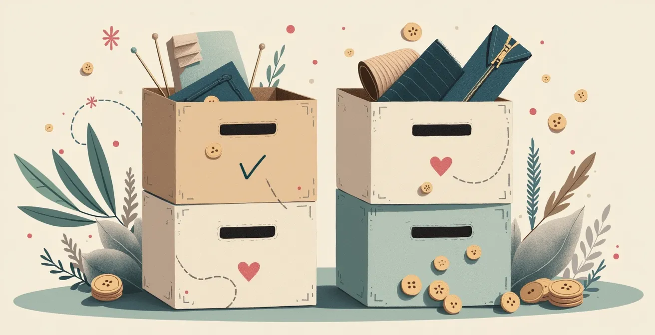 Grafische Darstellung der 4-Kisten-Sortier-Methode mit Beschriftungen Behalten, Reparieren, Verkaufen/Spenden und Sentimental