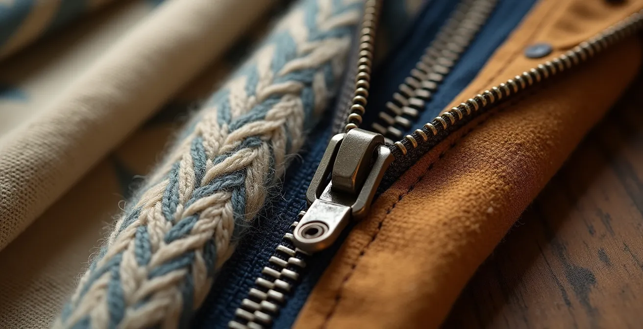 Detailaufnahme hochwertiger Vintage-Stoffe mit Made in West Germany Label