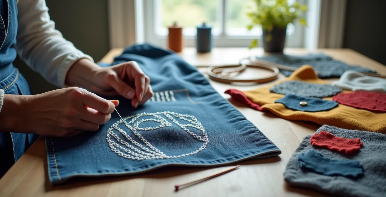 Sashiko-Stickerei auf Jeans als kunstvolle Visible Mending Technik