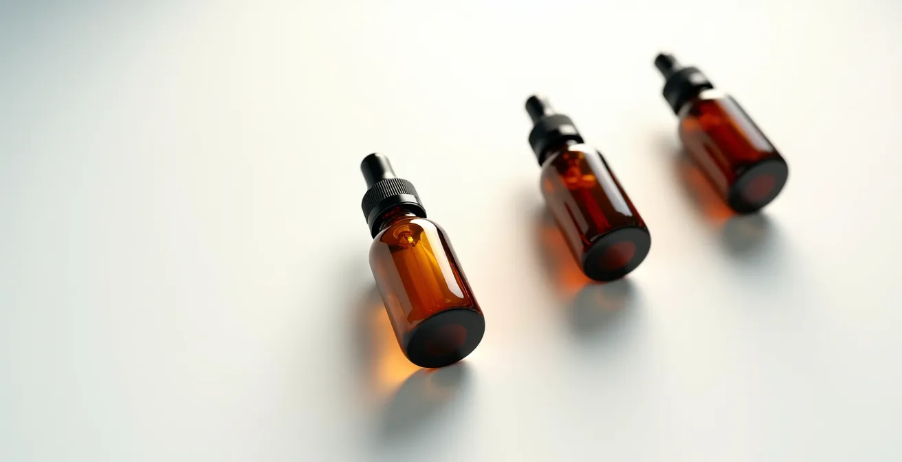 Drei Vitamin-C-Serum Fläschchen zeigen verschiedene Oxidationsstufen von klar bis braun