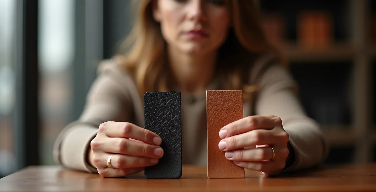 Detailvergleich der Oberflächenstruktur von Vollnarbenleder und Spaltleder