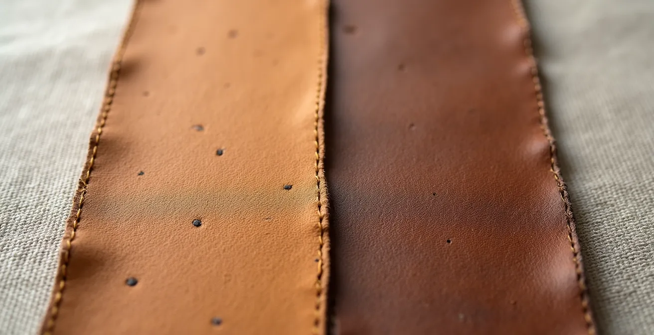 Makroaufnahme zeigt den Unterschied zwischen Vollnarbenleder und Spaltleder
