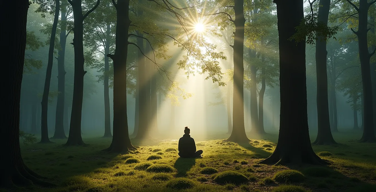 Person beim meditativen Waldbaden im deutschen Wald