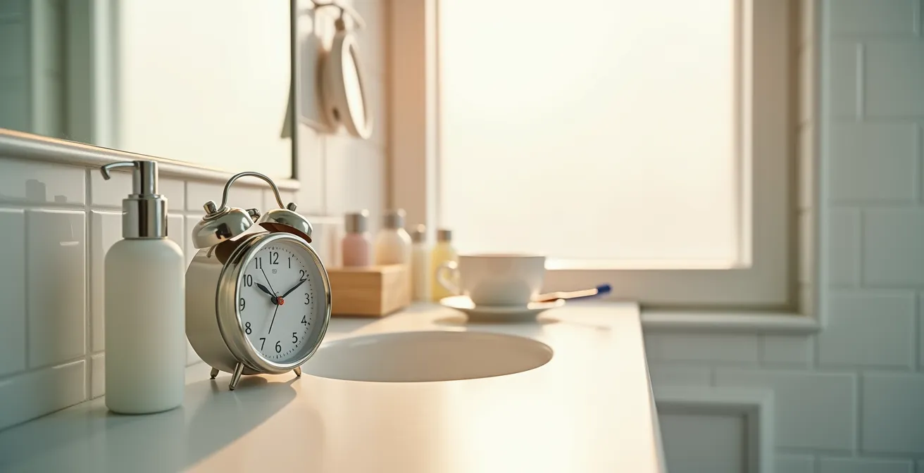 Zeitliche Abfolge der Morgenroutine mit einer Uhr und verschiedenen Hautpflegeprodukten im Badezimmer.