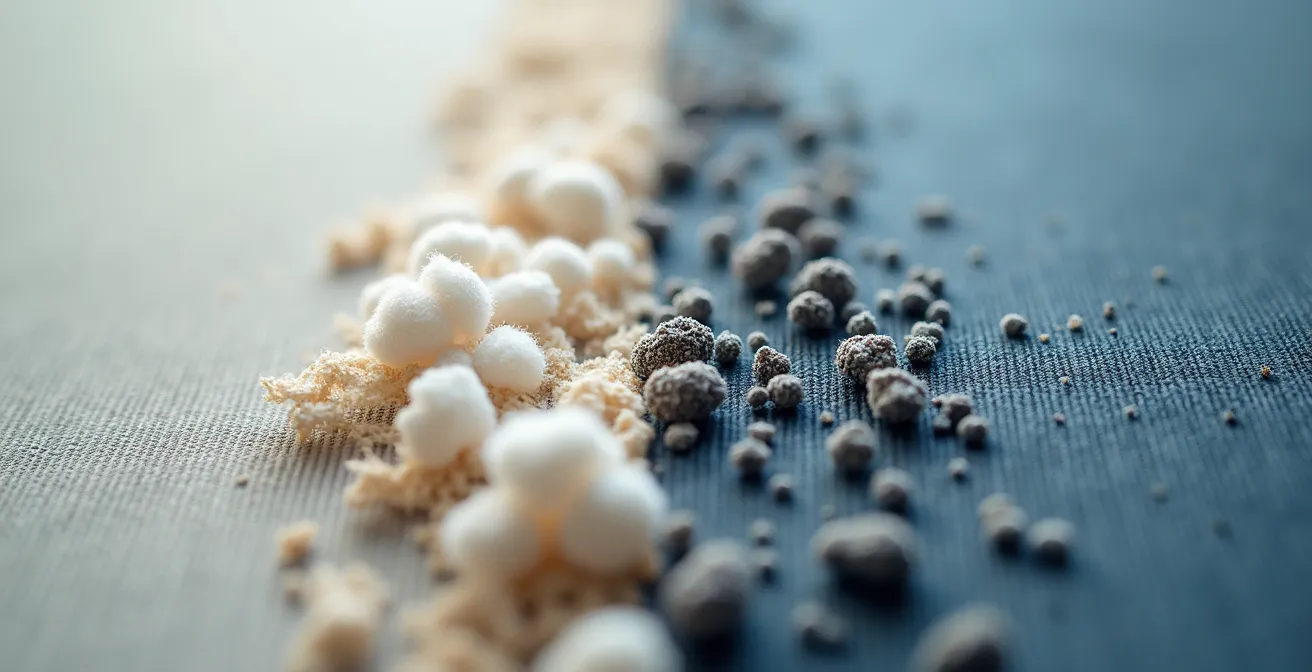 Makroaufnahme von hochwertigen Bio-Baumwollfasern ohne Pilling neben beschädigten Fasern