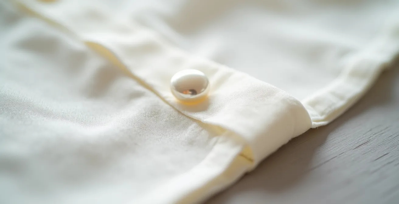 Nahaufnahme eines weißen Seidenbluse-Saums mit feinen Nähten, Perlmuttknöpfen und hochwertig strukturiertem Gewebe, die Qualität und handwerkliche Verarbeitung zeigend