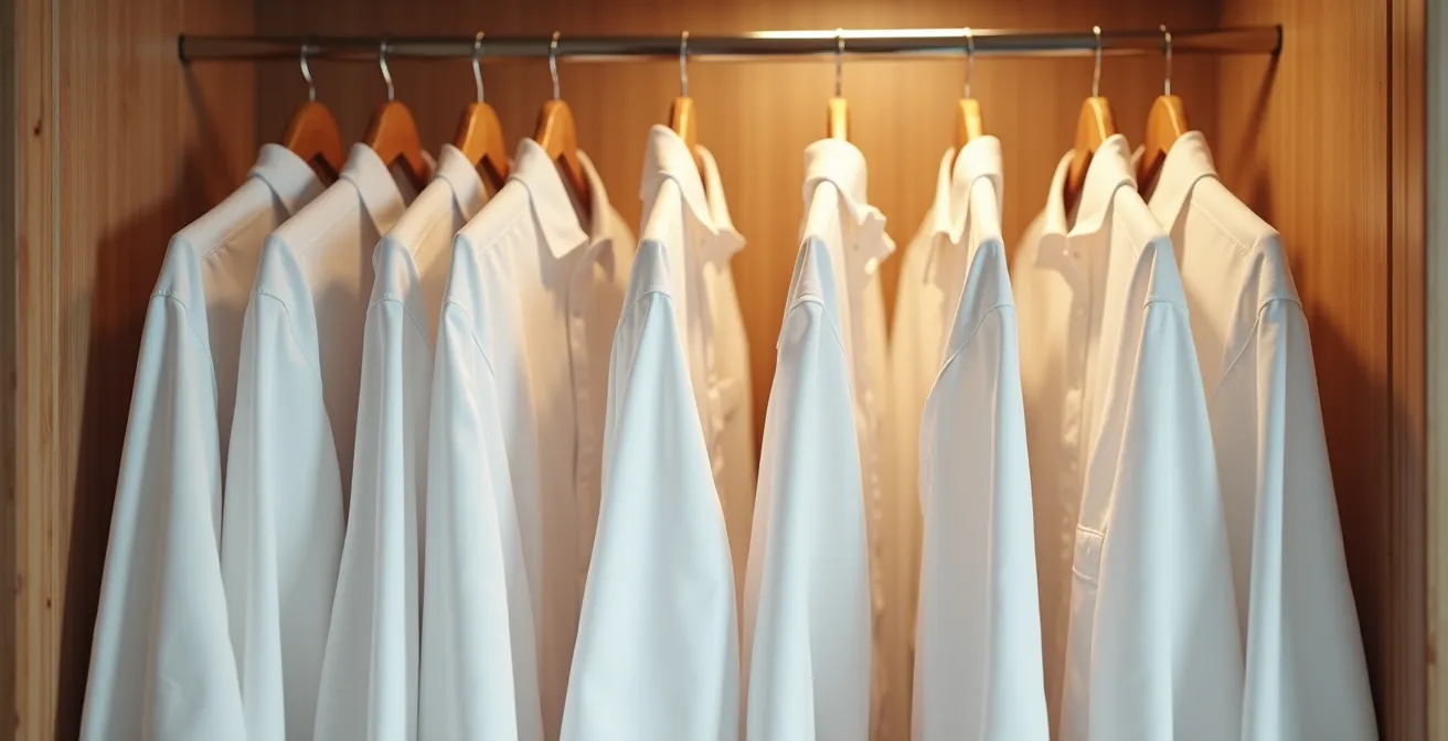 Perfekt organisierte weiße Hemden in einem deutschen Kleiderschrank mit atmungsaktiven Baumwollhüllen